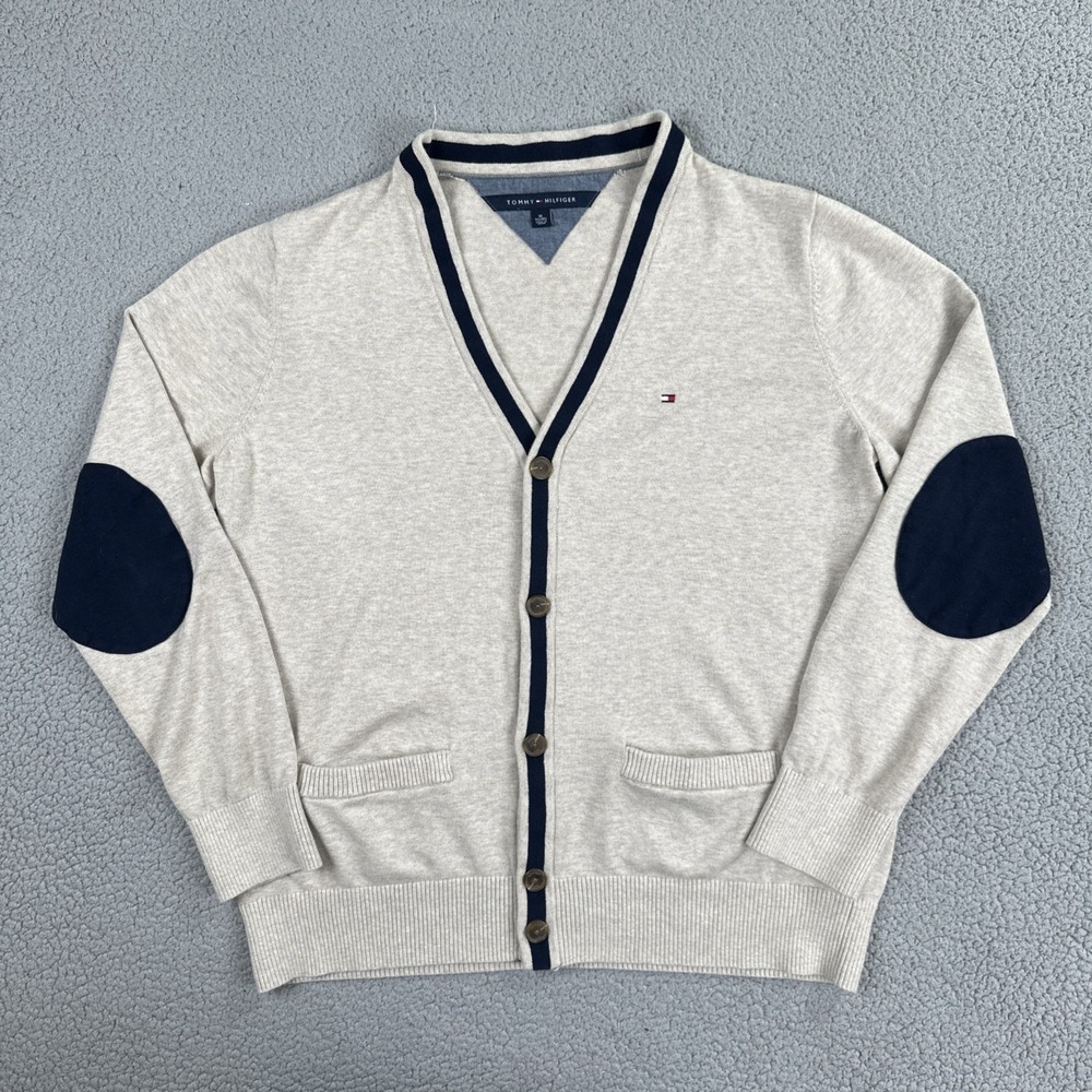Tommy Hilfiger Cardigan Elbow Patch Sweater Men XL Cream Cotton Embroidered Logo